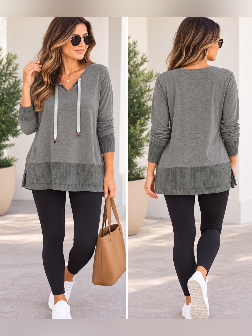 Cuddl Duds Gray V-Neck Hoodie Pullover with Ribbed Hem